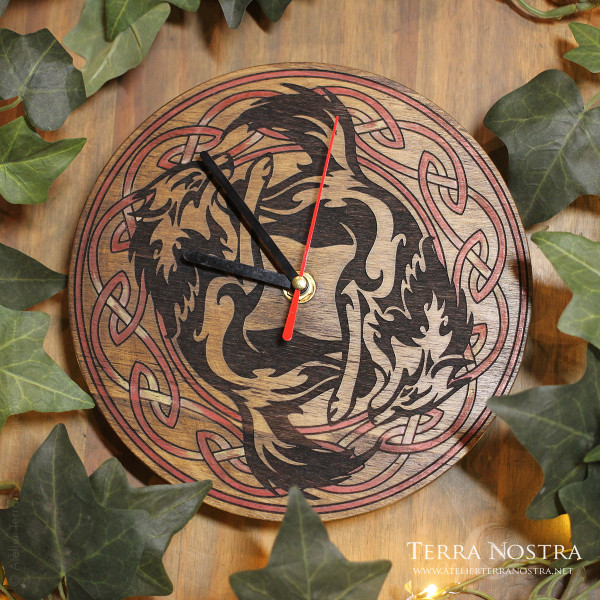 Engraved wooden clock — "La Ronde Sauvage"