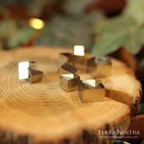 Cubes de pyrite sur socle en bois