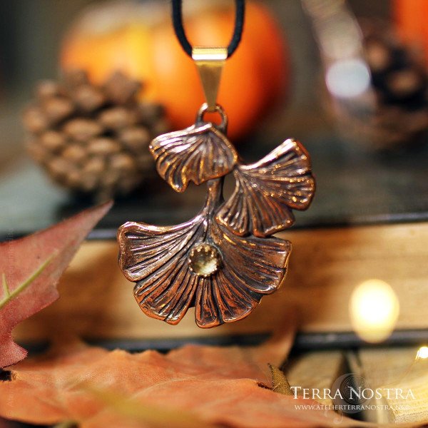 Grand Pendentif Ginkgo "Kino" en citrine