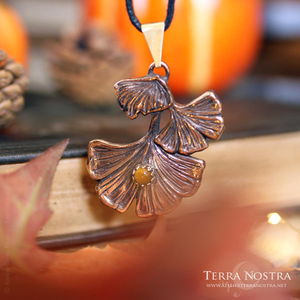 Grand Pendentif Ginkgo "Kino" en oeil de tigre