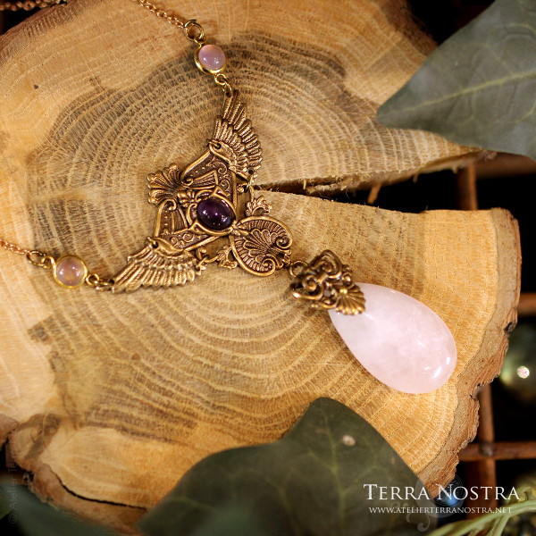 Collier "Wings of Fantasy" doré — améthyste et quartz rose