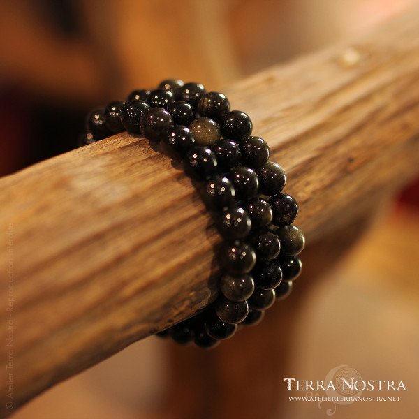 Bracelet boule 8mm Obsidienne dorée