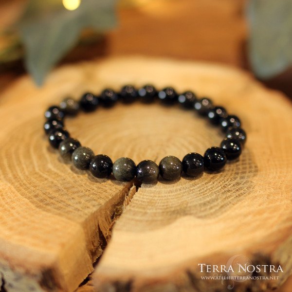 Bracelet boule 8mm Obsidienne dorée