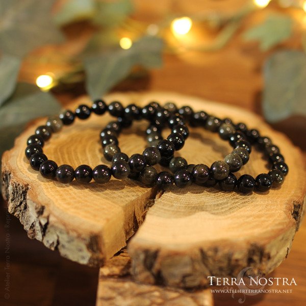 Bracelet boule 8mm Obsidienne dorée