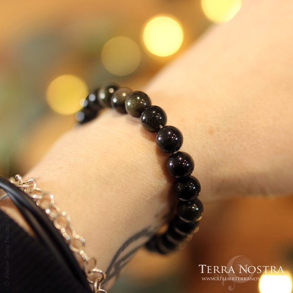 Bracelet boule Obsidienne dorée 8mm